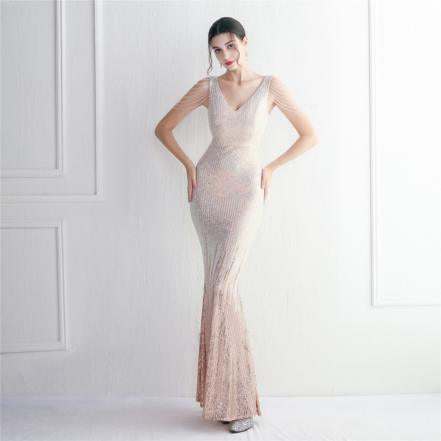 Mélange Sequin Beaded Evening Gown Long Formal Party Slim Evening Dress