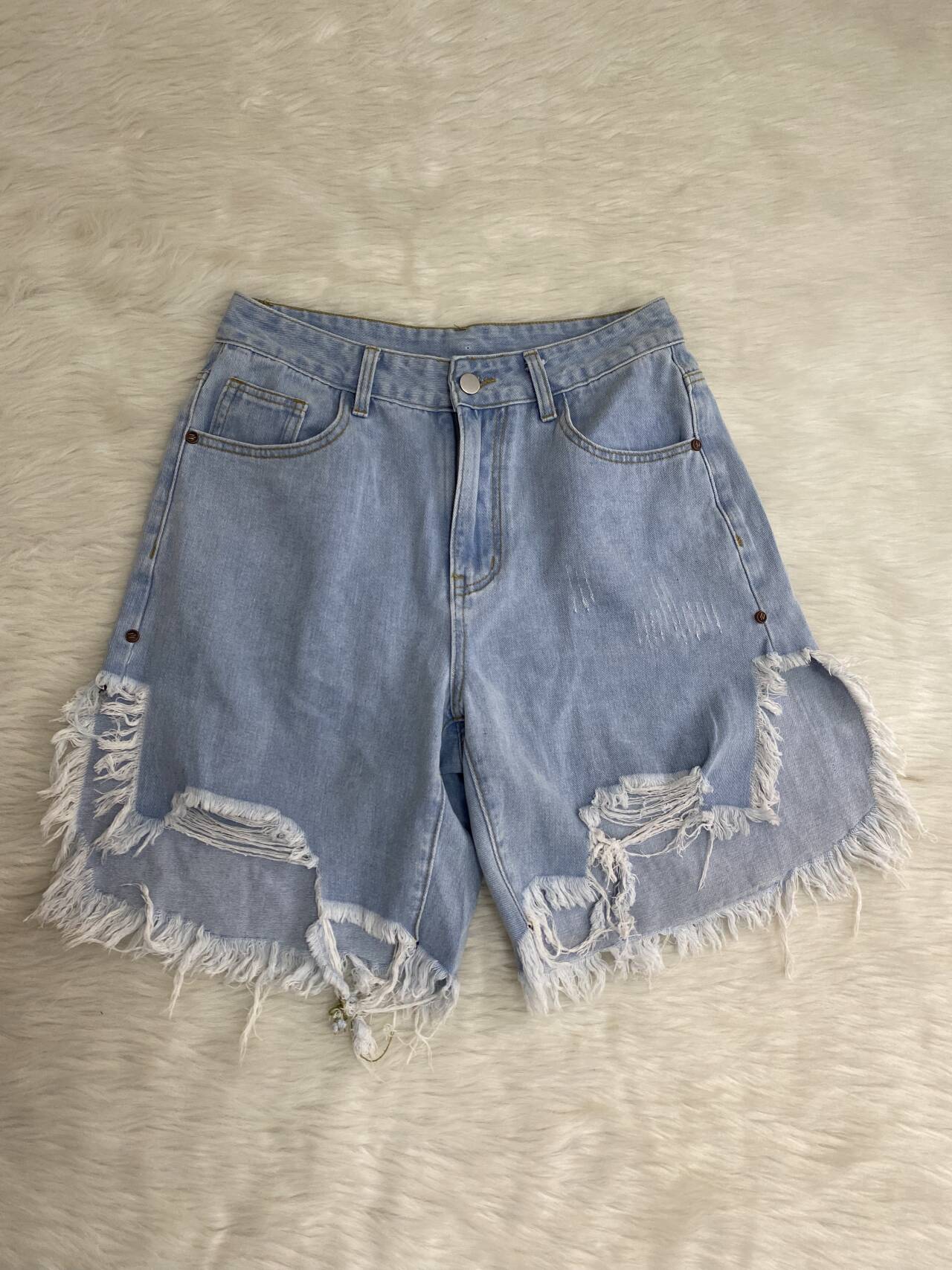 Summer Women's Tassel Ripped Denim Knee-Length Shorts 7
