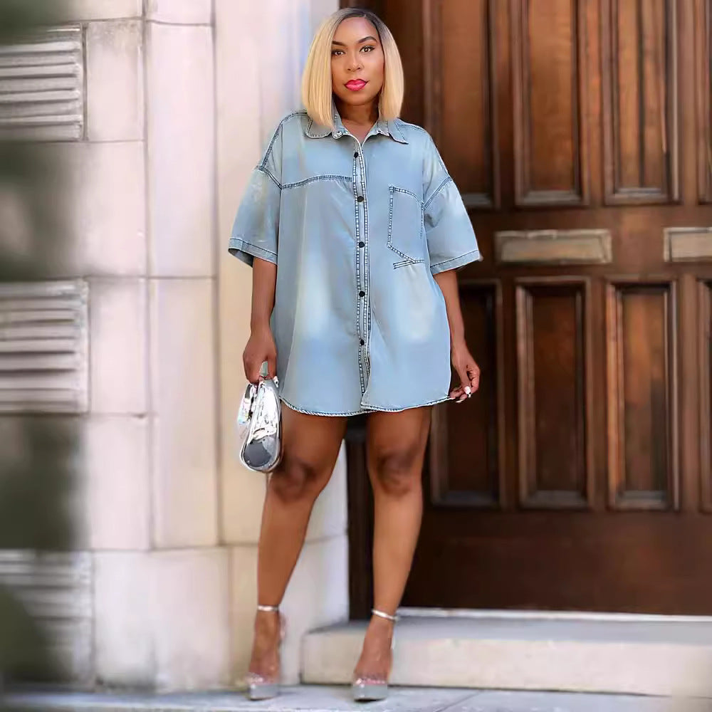 Women Casual Summer Street Denim Loose Short Sleeve Shirt 4