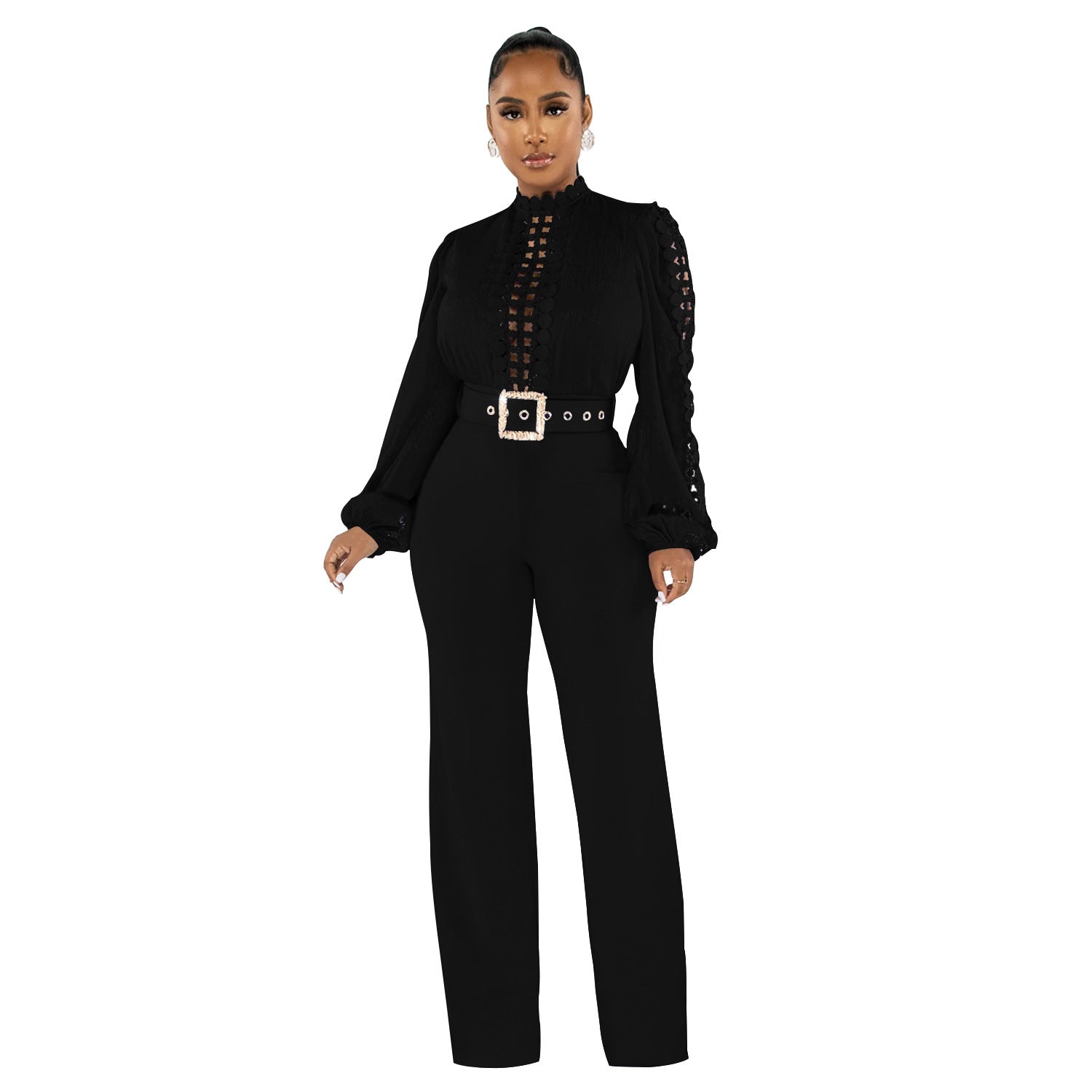Women Belt Lace Cutout Solid Long Sleeve Jumpsuit 12