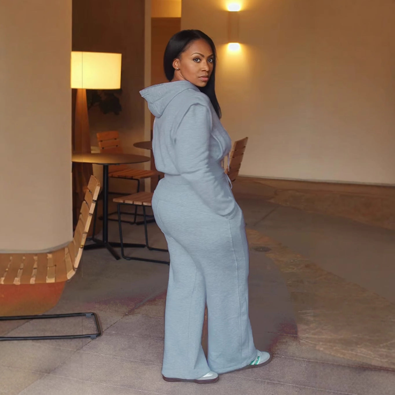 Solid Color Hooded Hoodies Wide Leg Pants Two-Piece Set 3