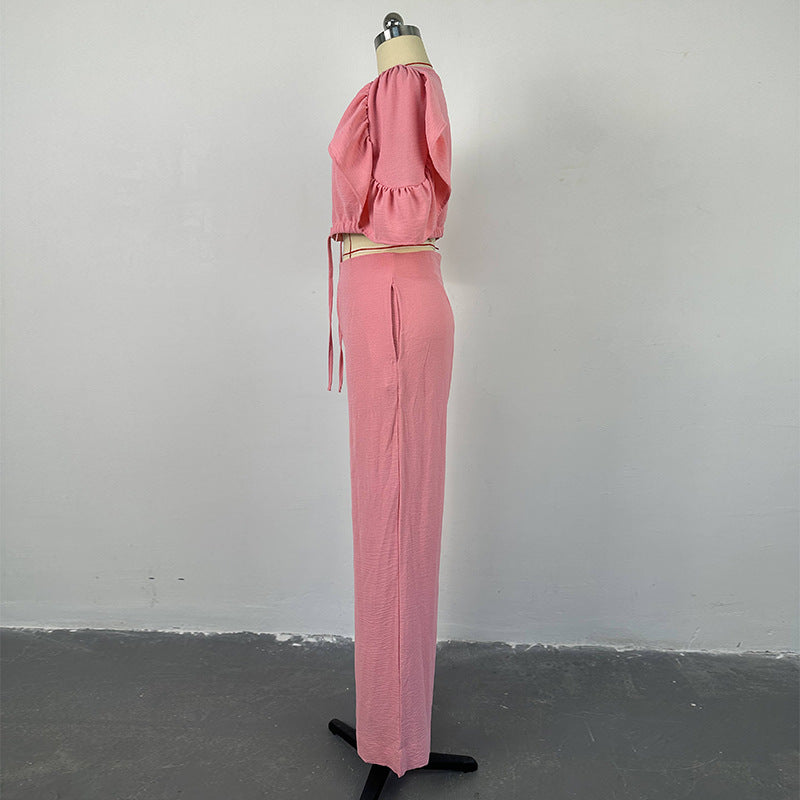 Women Autumn V-neck Bell Bottom Sleeve Tie Top and Wide Leg Pants Casual Two-piece Set 4