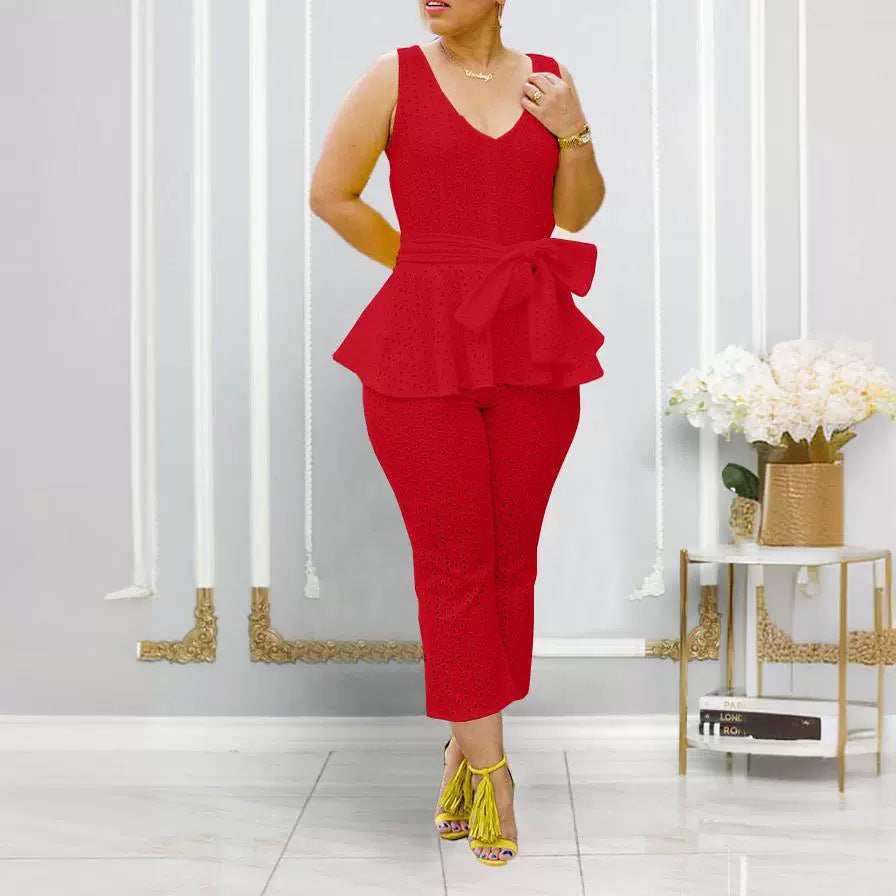 Women's Spring And Summer Solid Color Embroidered Cotton Belt Two-Piece Pants Set 8