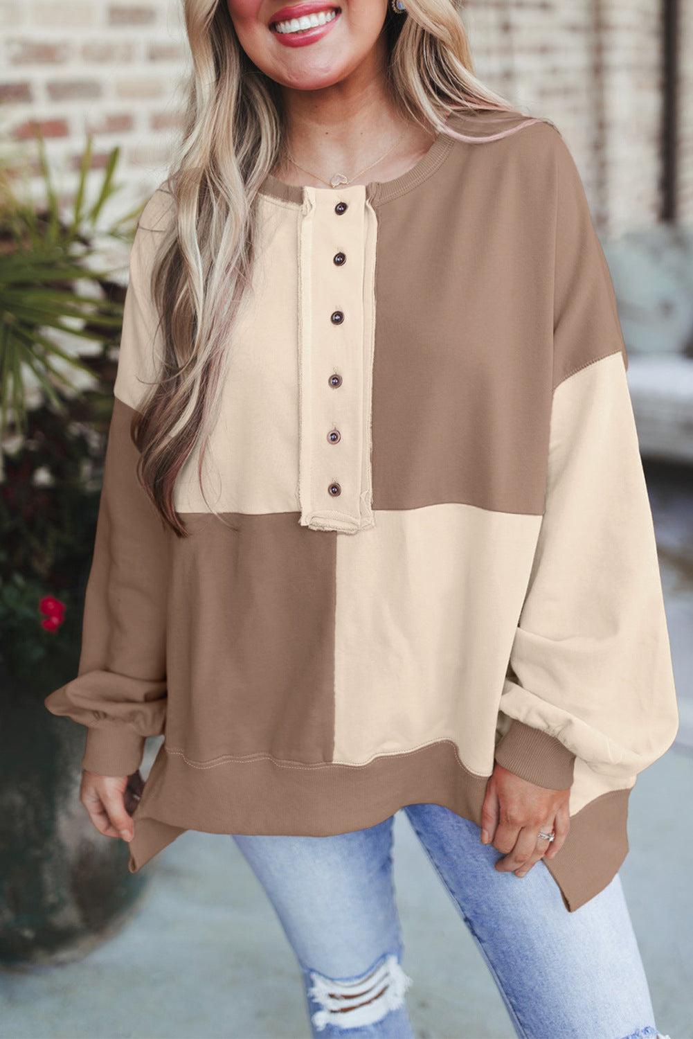 Autumn Winter Casual Patchwork Contrasting Loose Long Sleeve Top 3