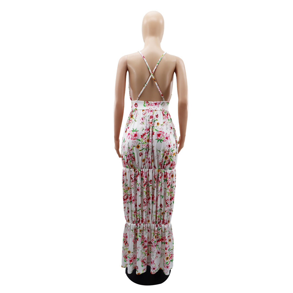 Sleeveless V-neck Low Back Printed Slim Dress Versatile Women's Strap Dress 11