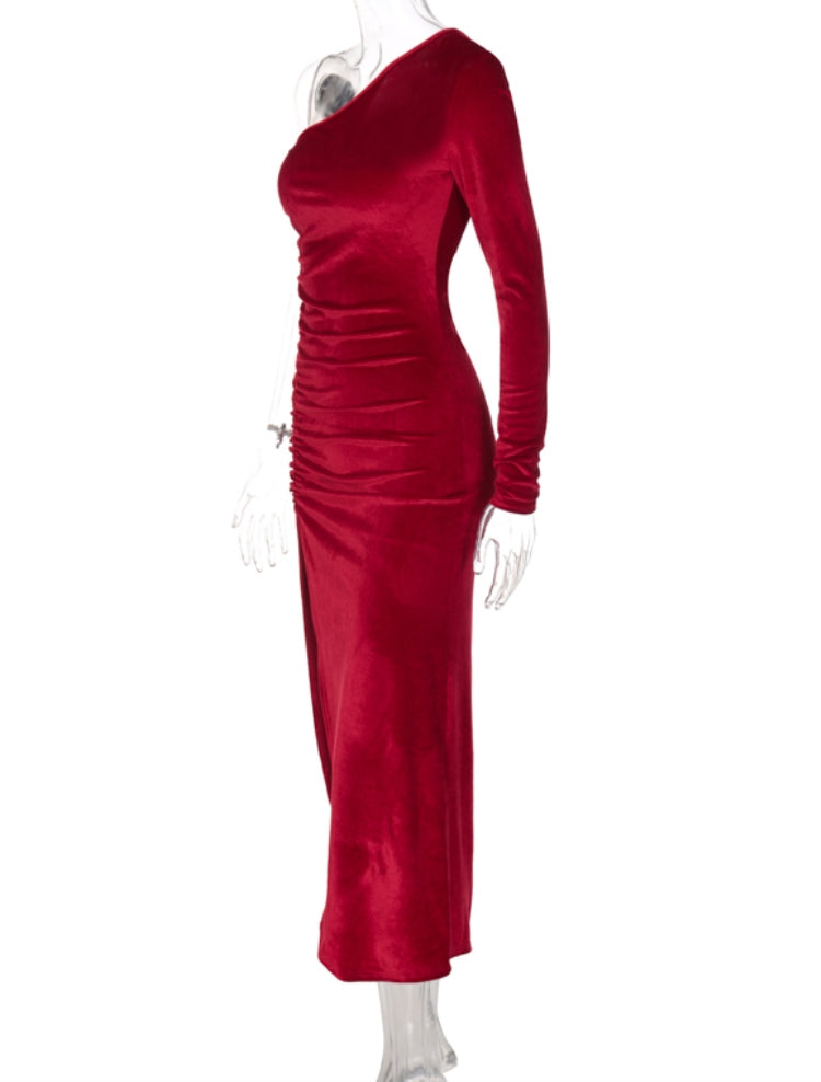 Winter Red One Shoulder Slit Ruched Velvet Party Dress 5