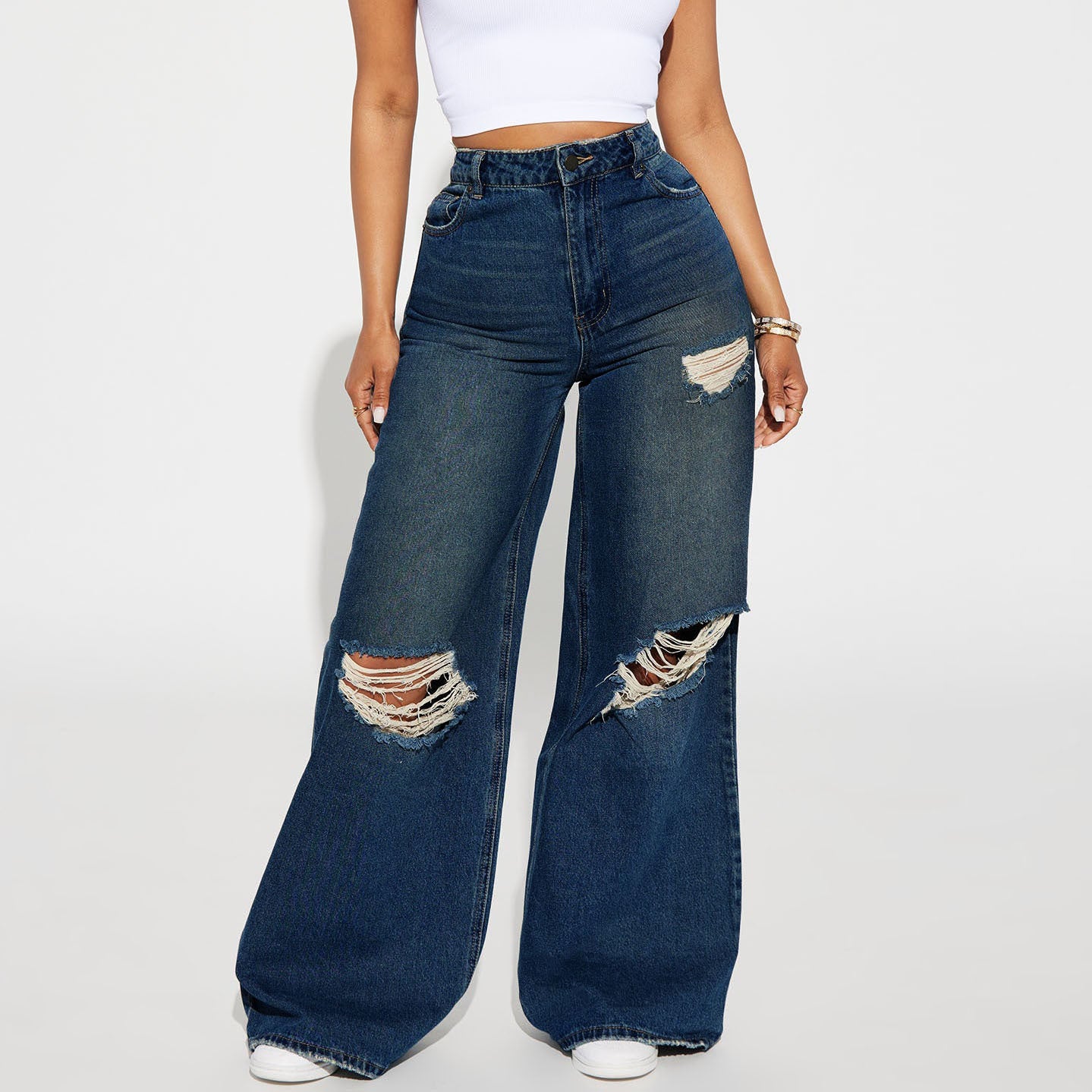 Autumn Winter Ripped Wide-Leg Denim Pants