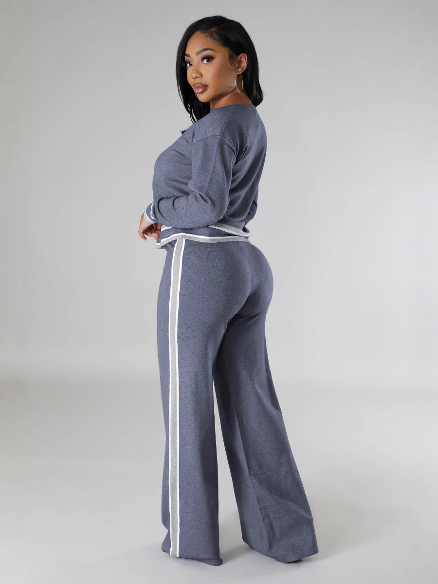Women's Autumn And Winter Long-Sleeved Knitting Shirt Wide-Leg Trousers Casual Two-Piece Set 6