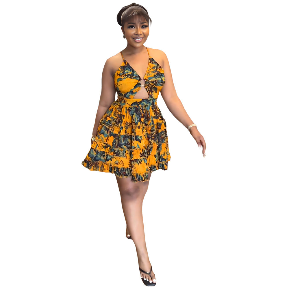 Women Deep V Sexy Camisole Ruffle Edge Print Backless Dress