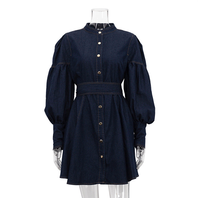 Women Denim lantern sleeve tie shirt dress 9