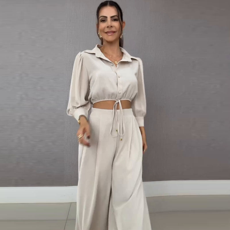 Chic Style Fashion Drawstring Short Shirt Wide-Leg Pants Two Piece Set