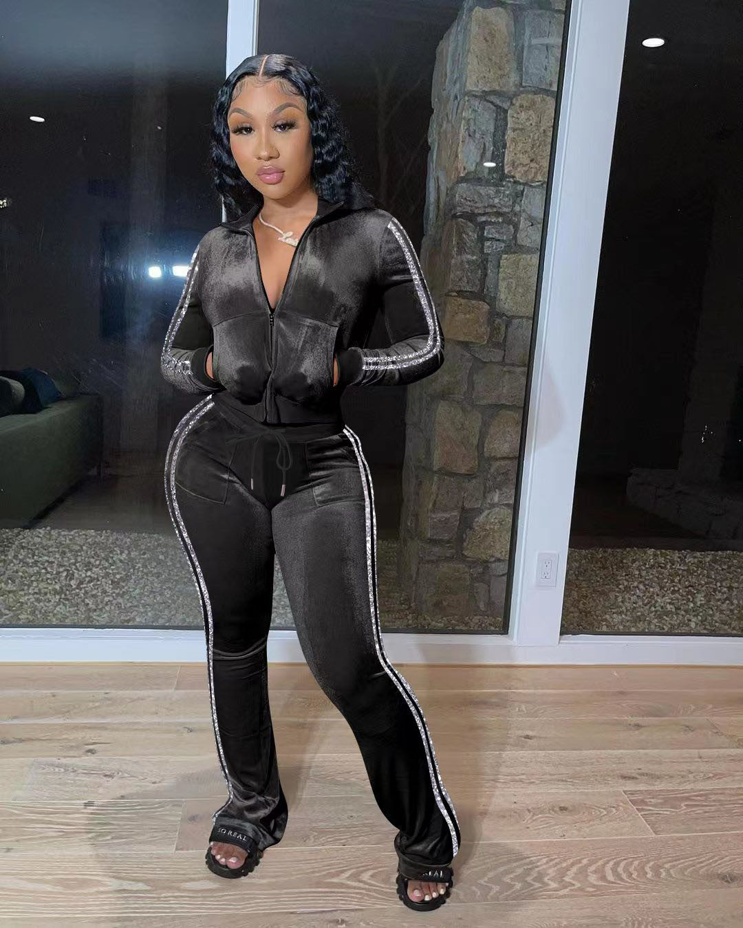 Women's Solid Velvet Casual Zip Top Wide Leg Pants Two Piece Tracksuit 29