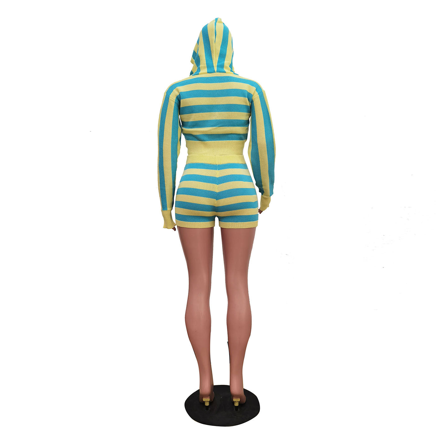 Women Casual Knitting Striped Long Sleeve Hooded Top and Shorts Two-Piece Set 6