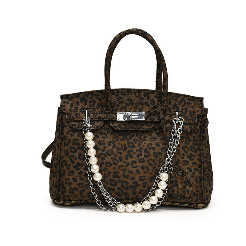 Women French leopard platinum handbag pearl chain shoulder messenger bag 7