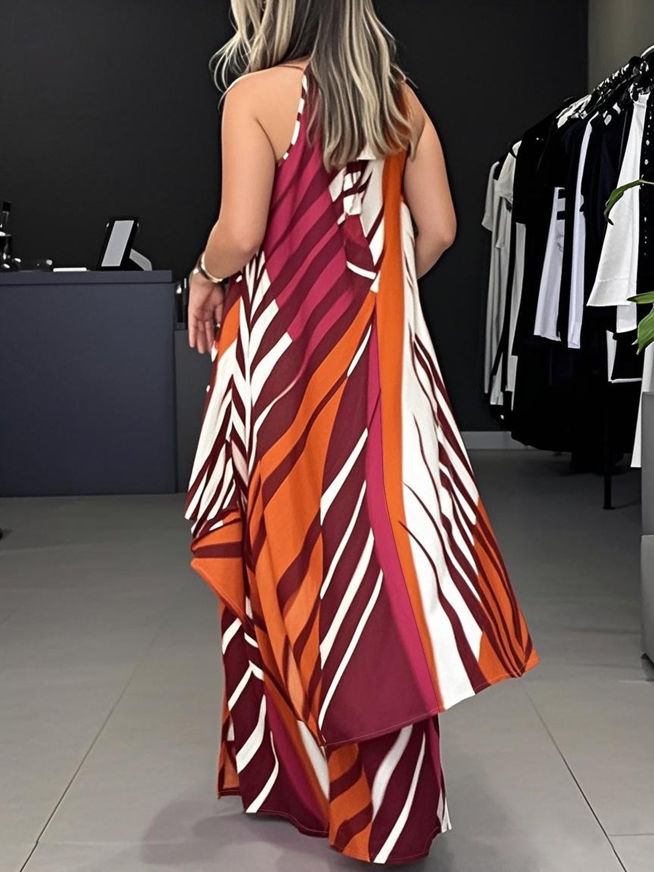 Women's Elegant Halter-Neck Sleeveless Irregular Top with Loose Trousers Two Piece Set 3