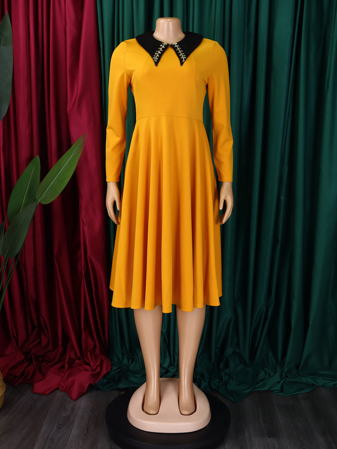 African Women Solid Long Sleeve Turndown Collar Elegant Dress 13