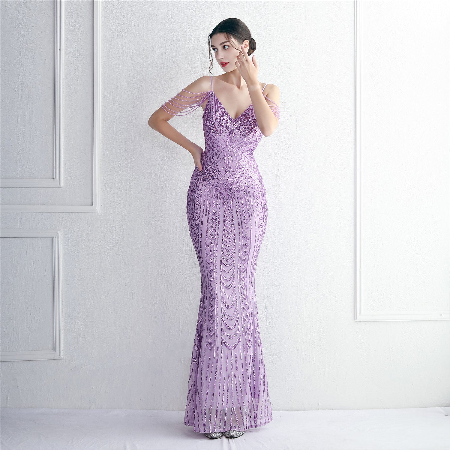 Elegant Chic Beading Straps Party Sequin Prom Dress Long Formal Party Gown Slim Evening Dress 14