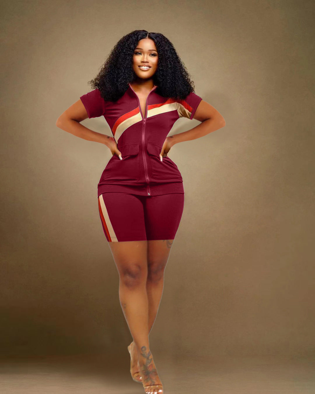 Women's Sports Casual Fashion Zip Pocket Top Shorts Two-Piece Set 9