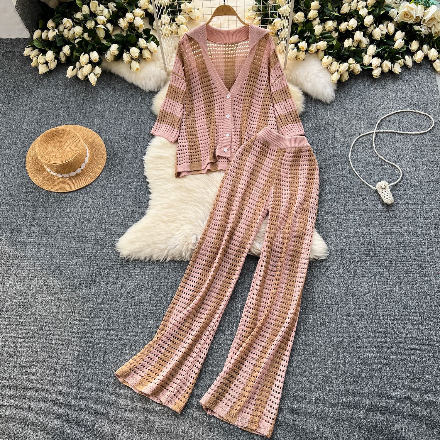 Women's Summer V-Neck Loose Knit Cardigan Top + Wide-Leg Pants Set Color-Block Striped Hollow-Out Outfit 6
