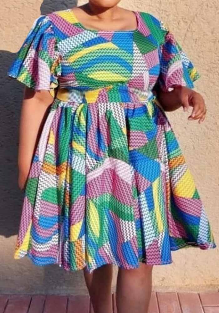 Fashionable Summer Multi-Color Square Neck Bat Sleeves Plus Size Dress