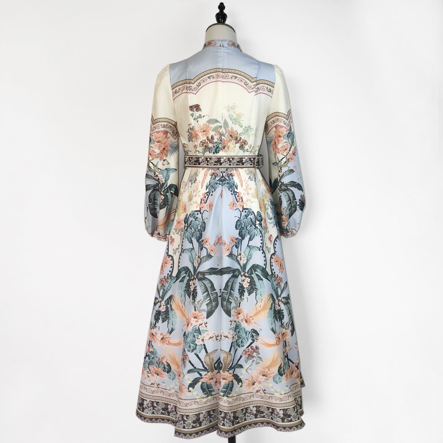 Elegant Print Row Jewelry Button Floral Lantern Sleeve Midi Dress with Belt 13