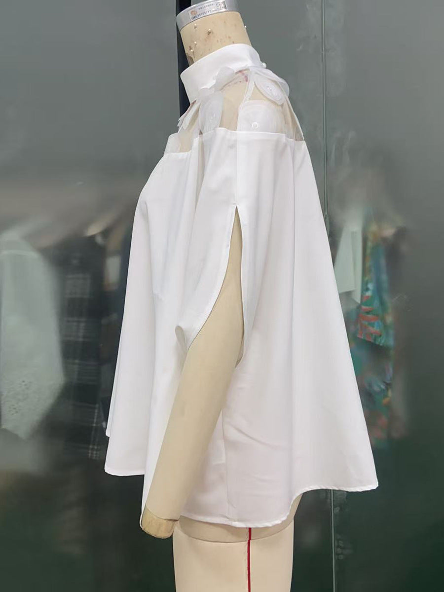 Summer Career Shirt Loose Mesh Off-Shoulder Women's Blouse 9