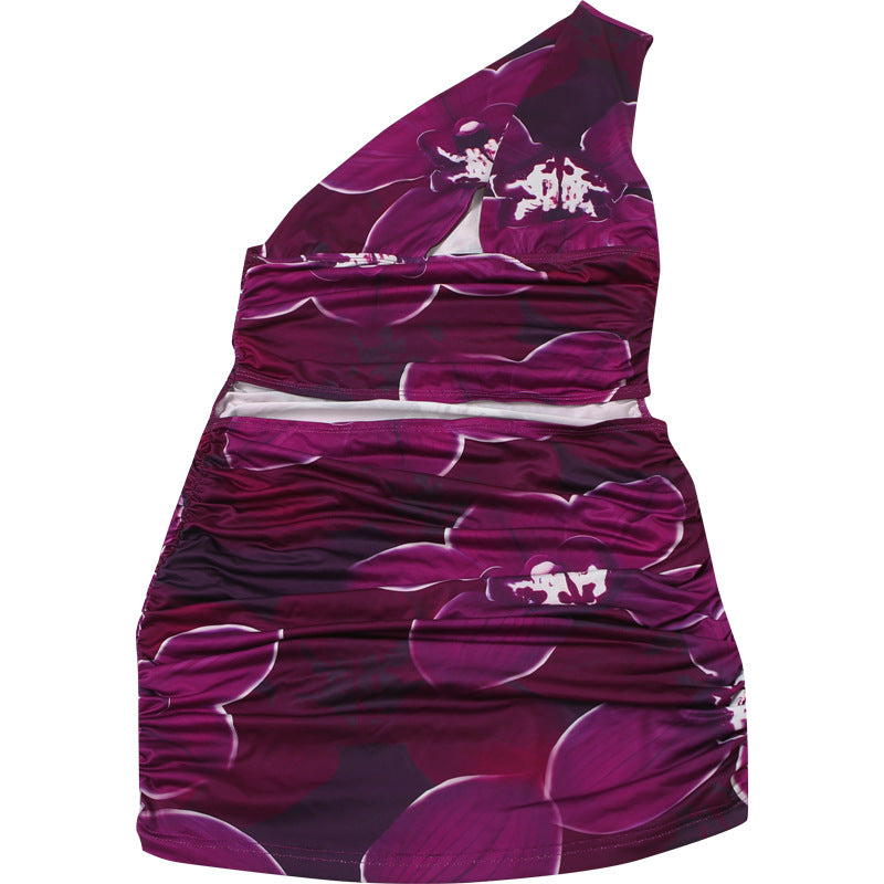 Summer Women's Sexy Slash-Shoulder Flower Print Holoow Fake Two-Piece Bodycon Mini Dress 7