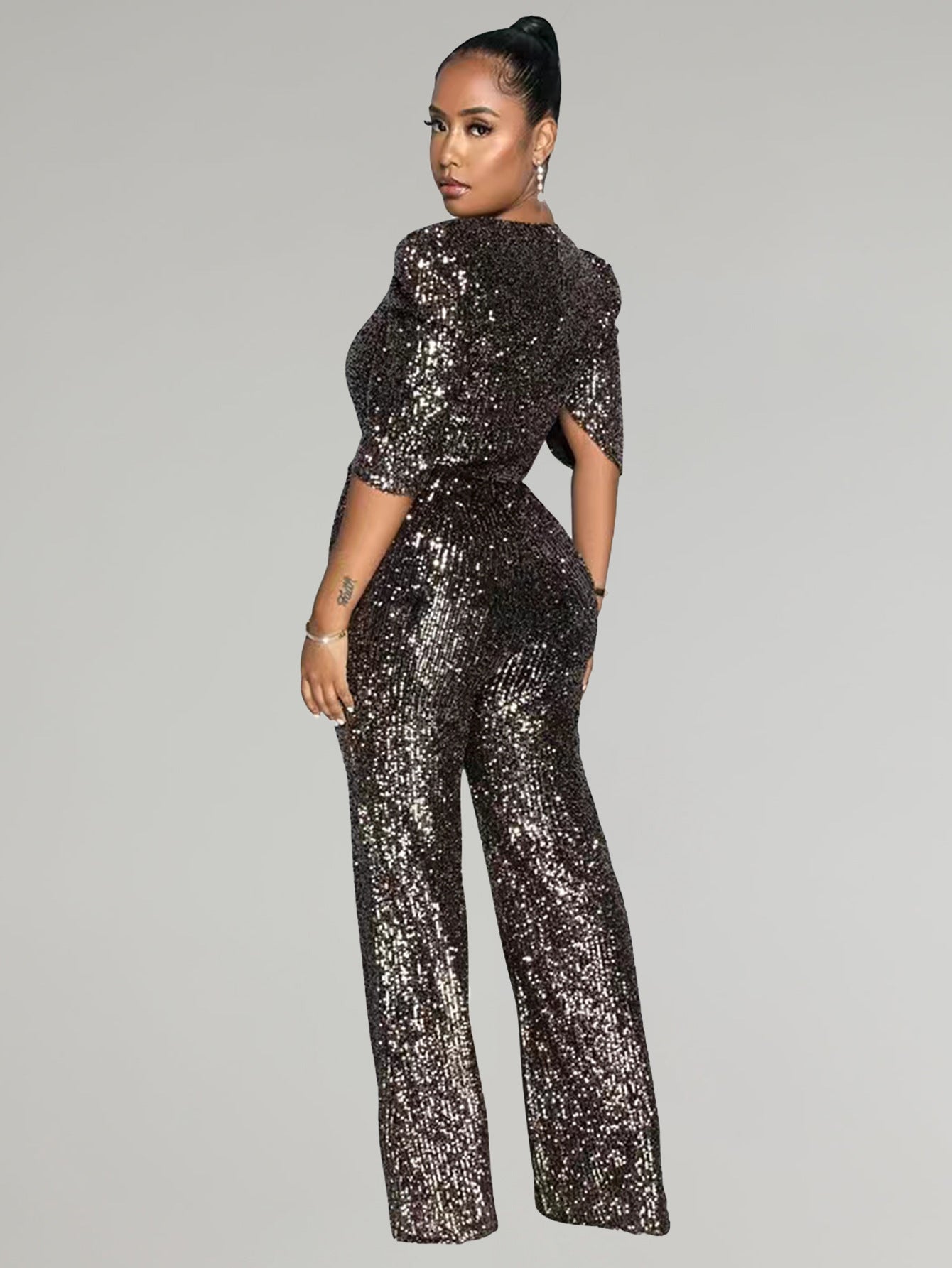 Sexy V-Neck Half-Sleeve Slim Sequin Women Party Jumpsuit