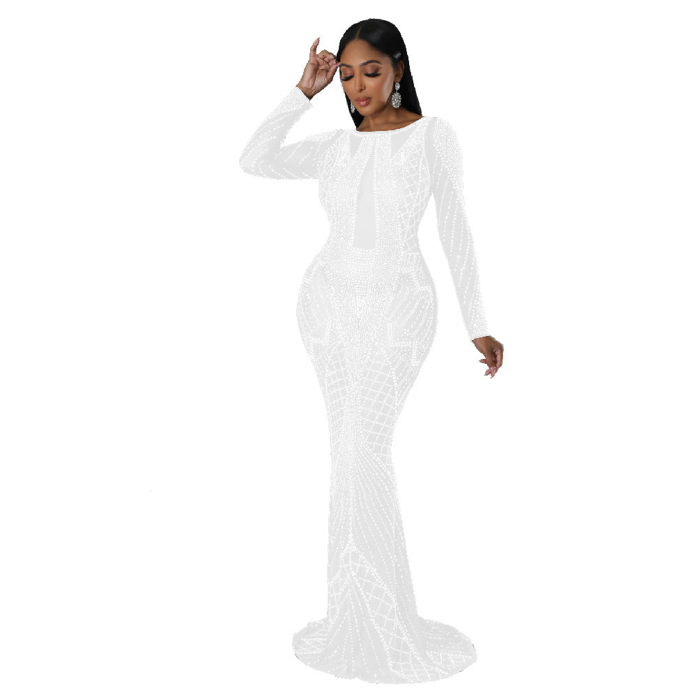 Fashion Autumn Long Dress Beaded Low Back Sexy Evening Dress 10