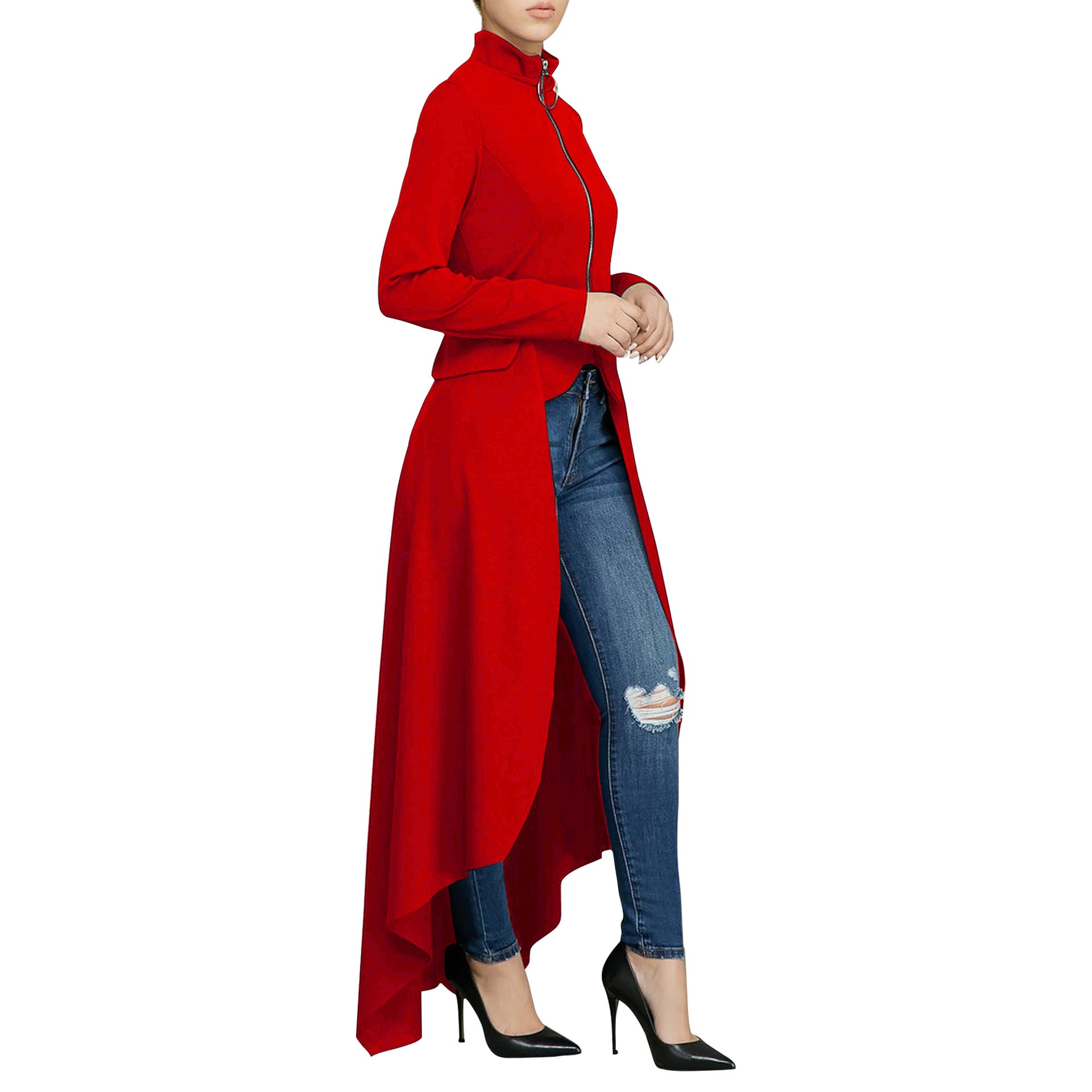 Spring Long-Sleeved High-Neck Slim Zipper Irregular Long Dress 56