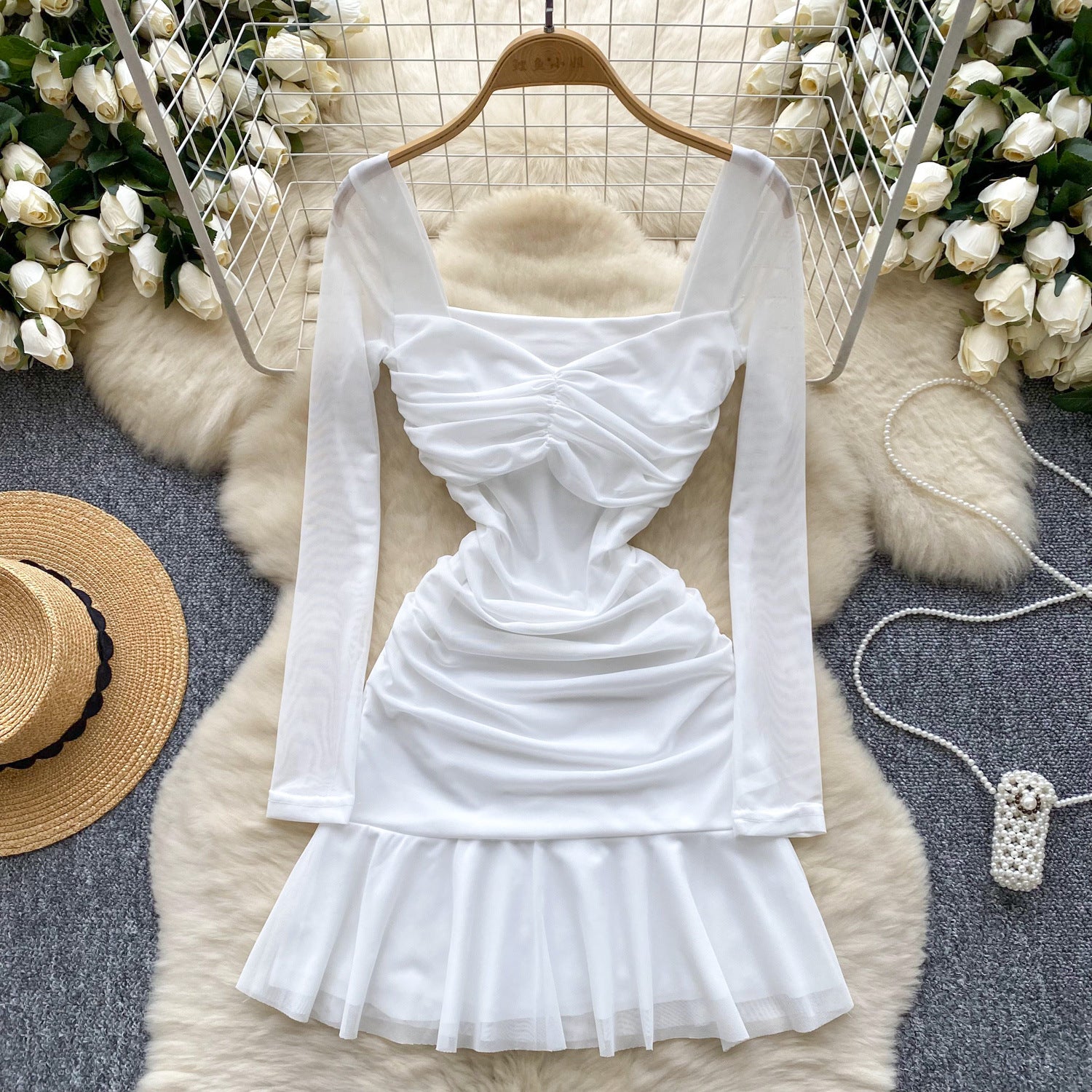 Women Autumn Pleated Square Neck Long Sleeve Ruffle Mesh Dress 5