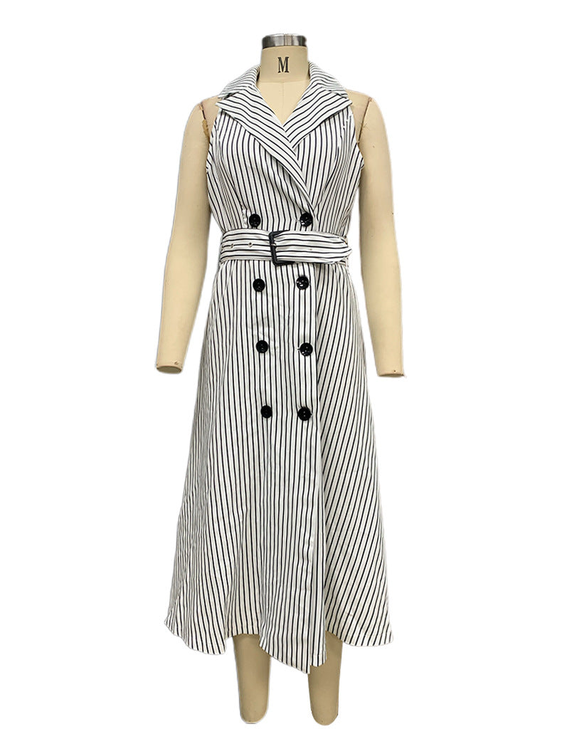 Spring Women's Fashion Chic Striped Sleeveless Turndown Collar A-Line Dress 5