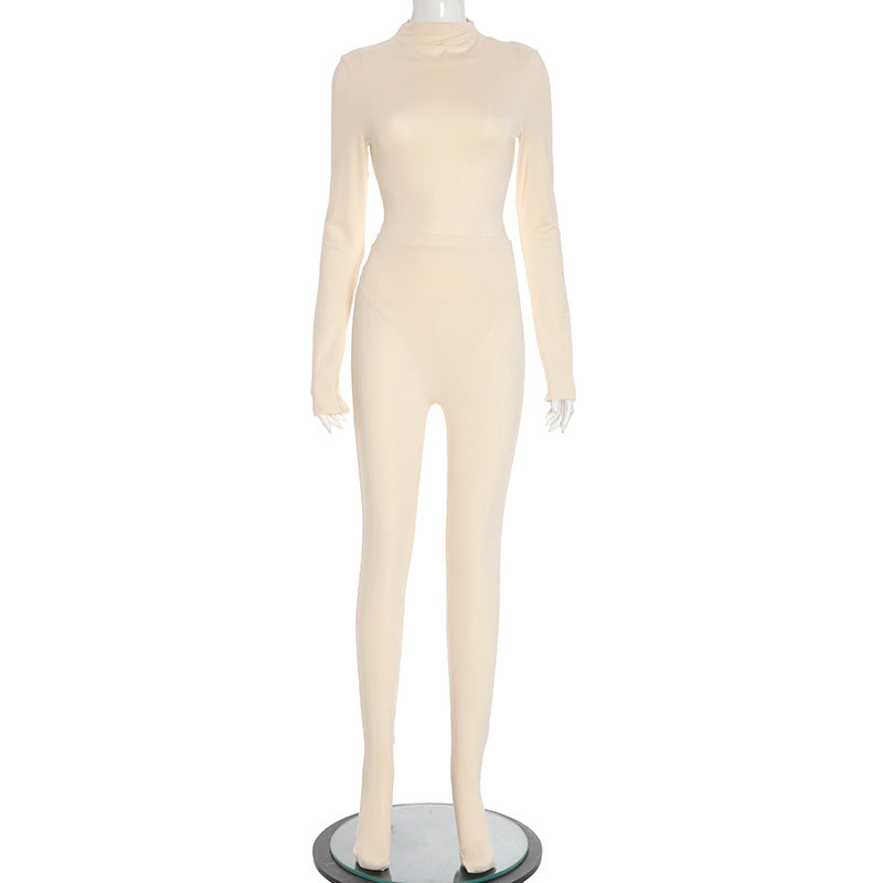 Women Autumn/Winter Solid Turtleneck Long-Sleeved Bodysuit with Covered Legs Two-Piece Set 12