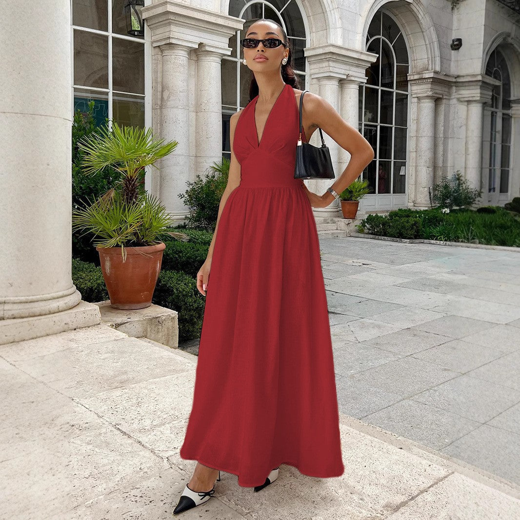 Women Spring Summer Solid v-neck Backless Lace Dress 4