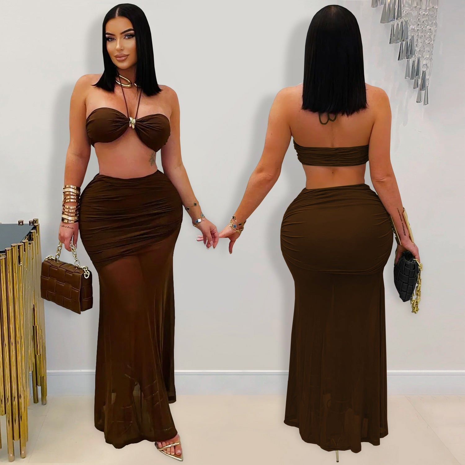 Sexy Strapless Ruched Mesh Mermaid Long Skirt Set 3