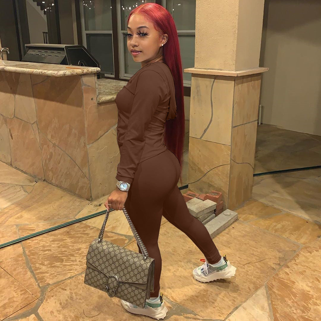 Women Summer Sports Hooded Full Sleeves Solid Pockets Regular Two Piece Pants Set 22