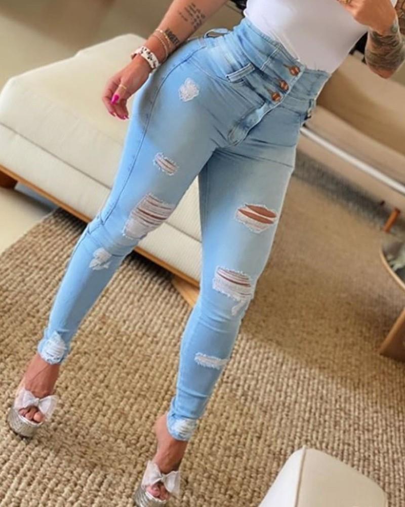 Fall High Waist Slim Fit Denim Pants Women's Ripped Tight Jeans 5