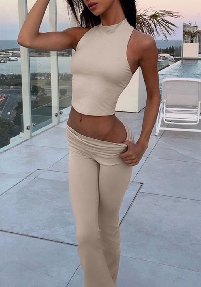 Women's Winter Highneck Sleeveless Vest Bell Bottom Pants Fashion Casual Two-Piece Set For Women