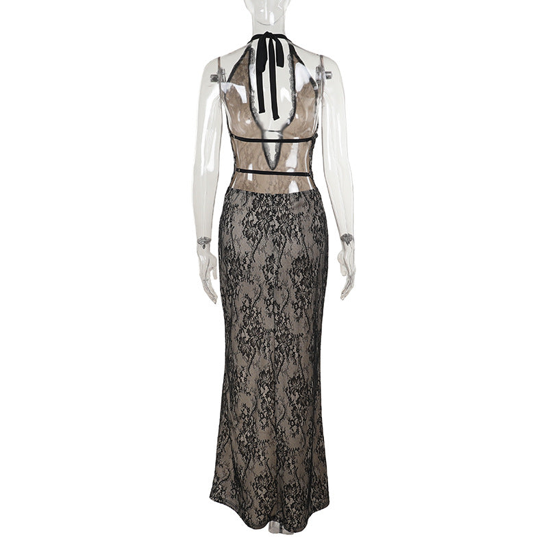 Women sexy lace halter neck slit dress 7