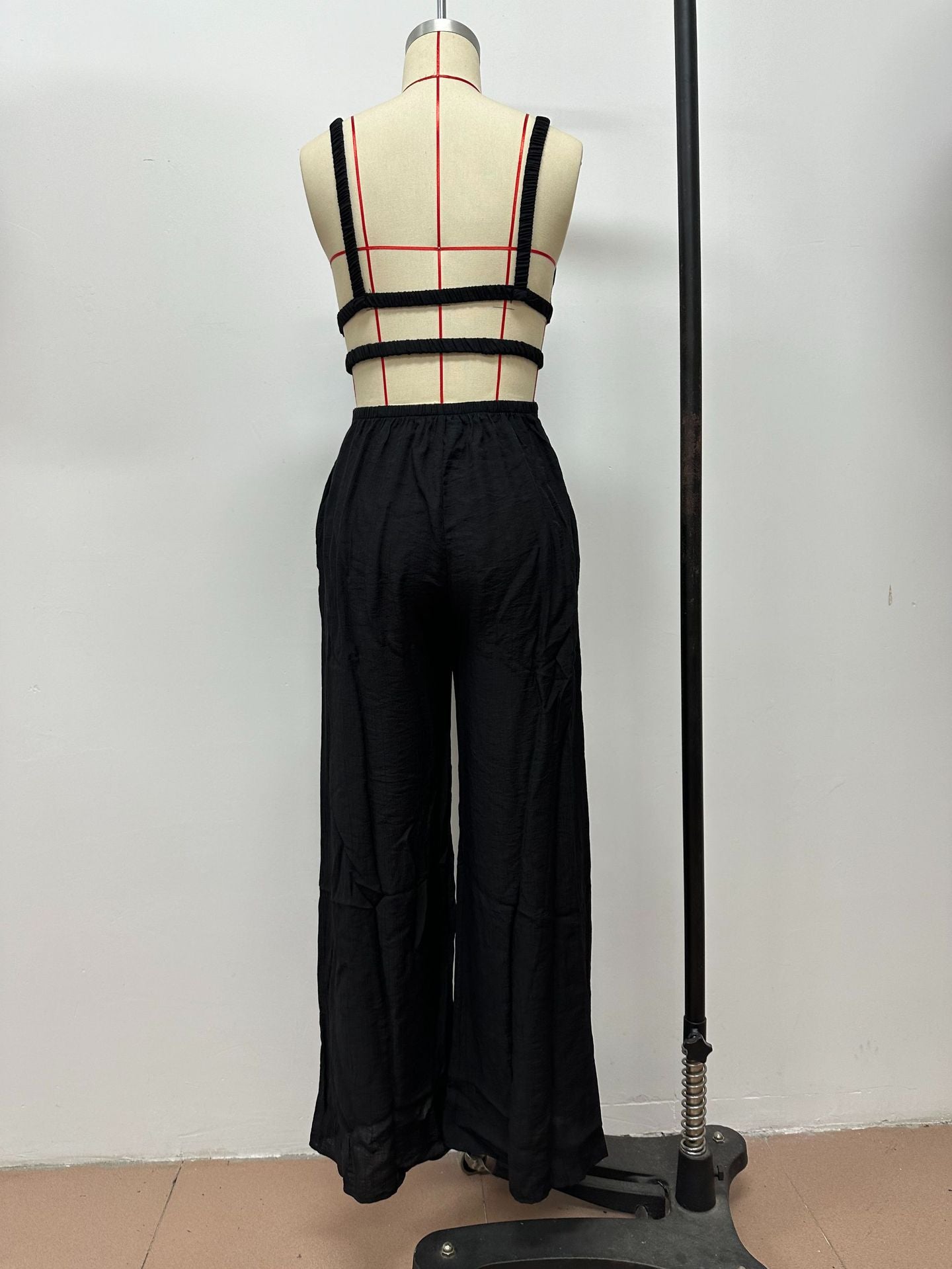 Pure Color Women's Fashionable Strap Low Back Wide Leg Jumpsuit 6