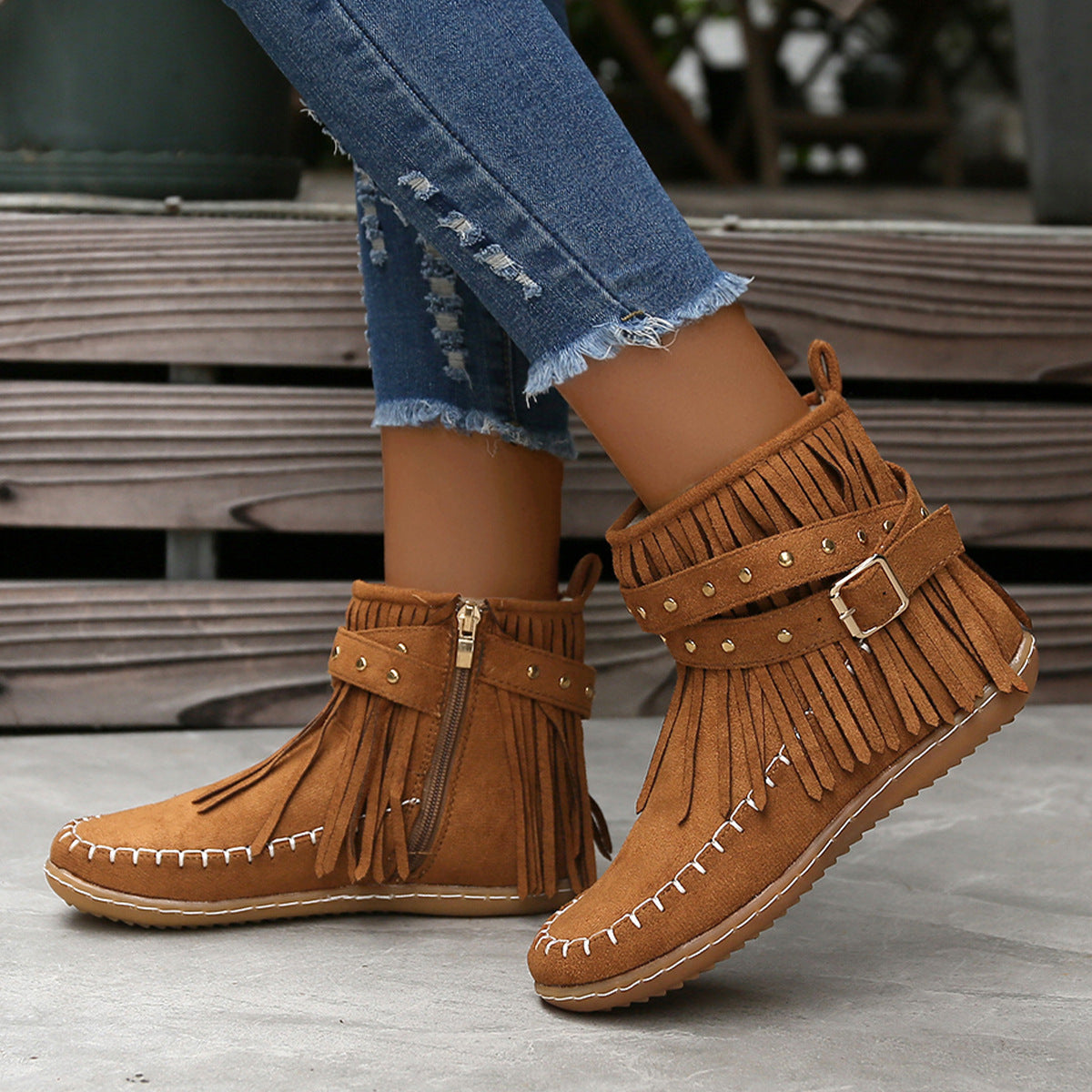 Utumn Side Zipper Short Boots For Women Double Layer Tassel Boots Women's  Thangka Shoes Flat Bean Shoes 6