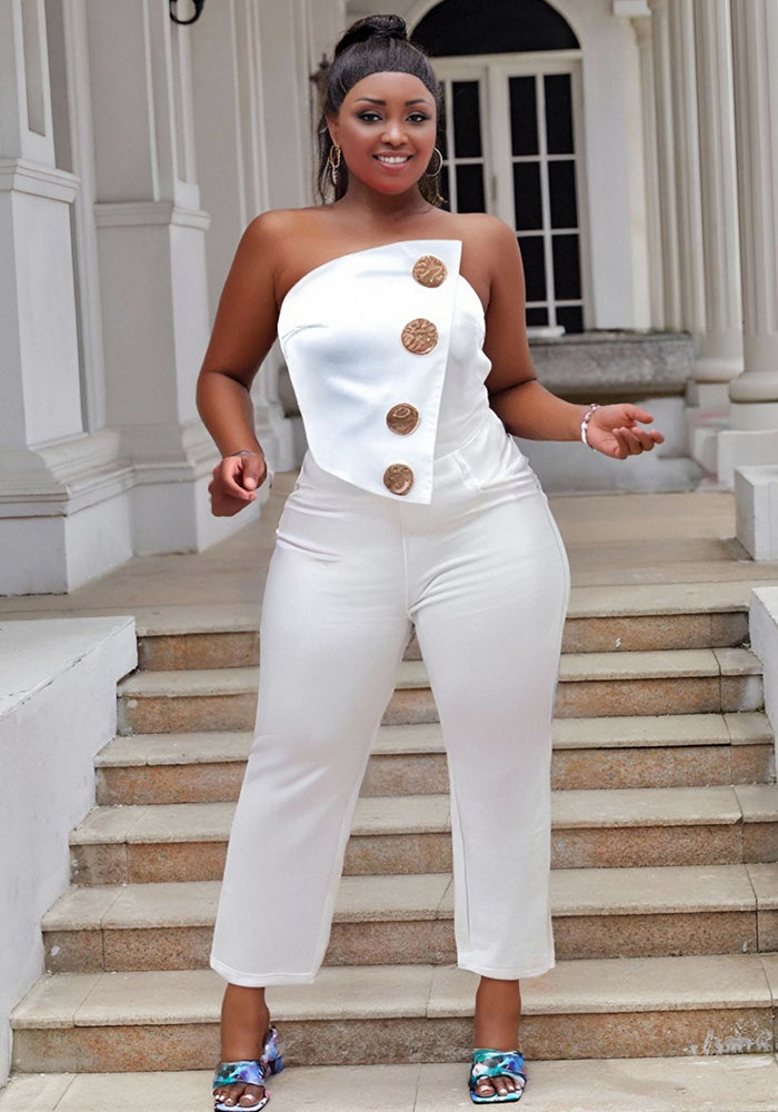Plus Size Women Spring and Summer Sleeveless Strapless Bodycon Stretchy Wide-leg Jumpsuit
