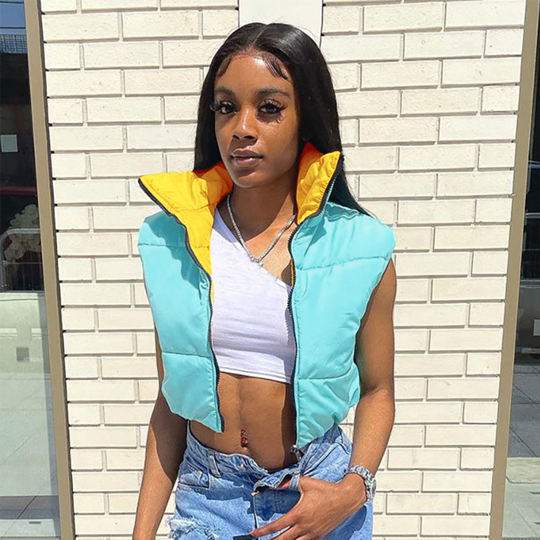 Women's Autumn And Winter Contrast Color Reversible Sleeveless Vest Casual Cotton Pad Jacket 4