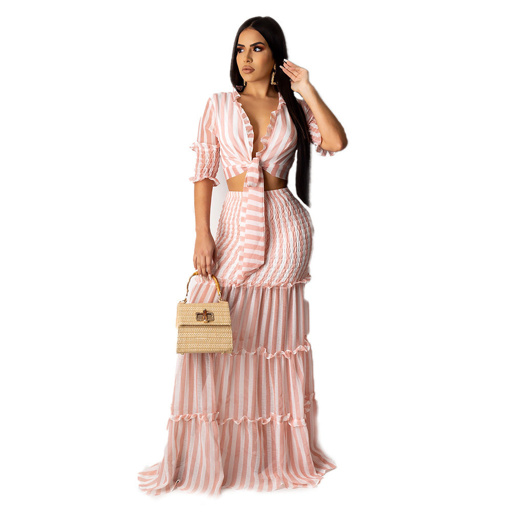 Women striped chiffon print Top and Skirt two-piece set 13