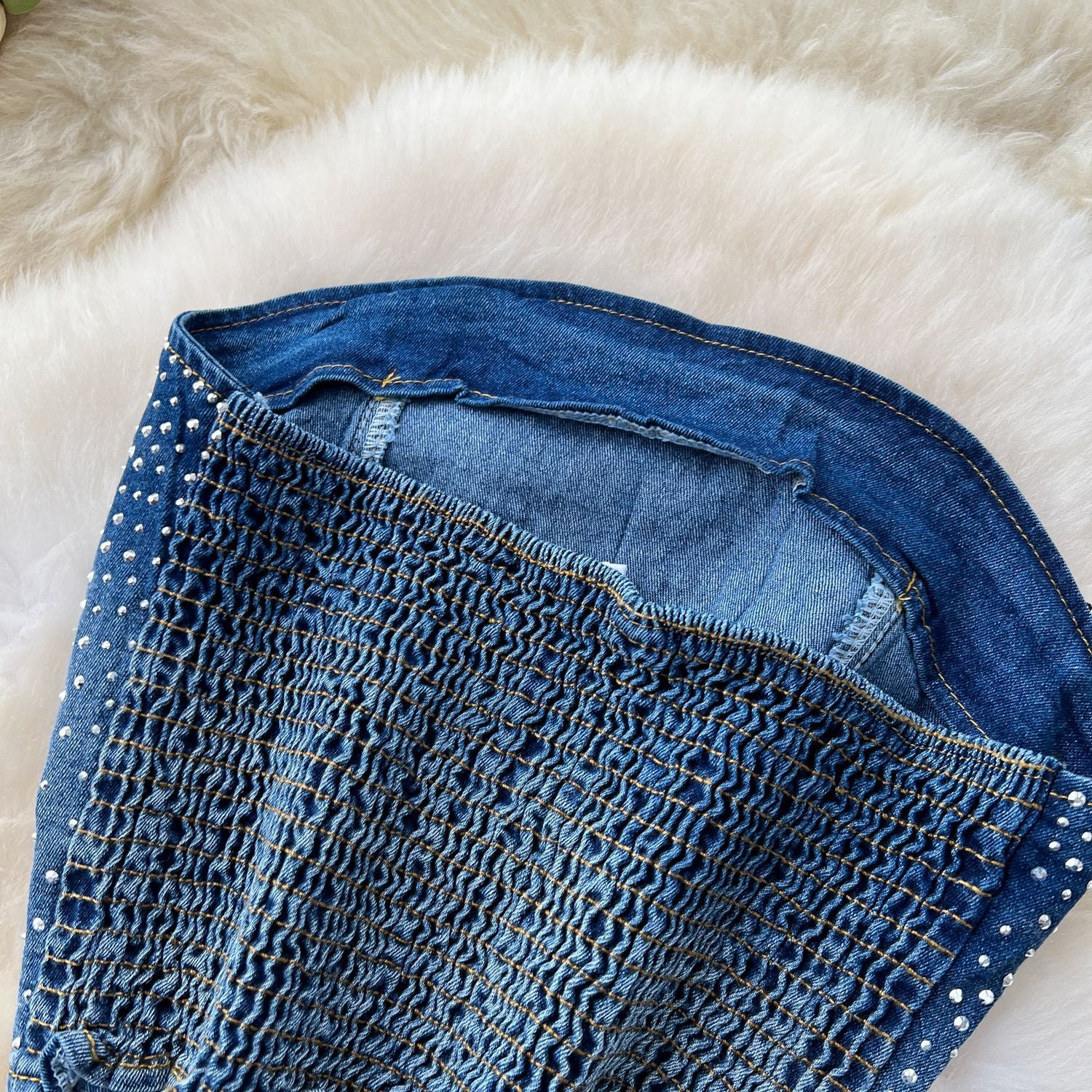 Fashion Beaded Denim summer Strapless Vest High Waist Denim Bell Bottom Trousers Two Piece Set for Women 9