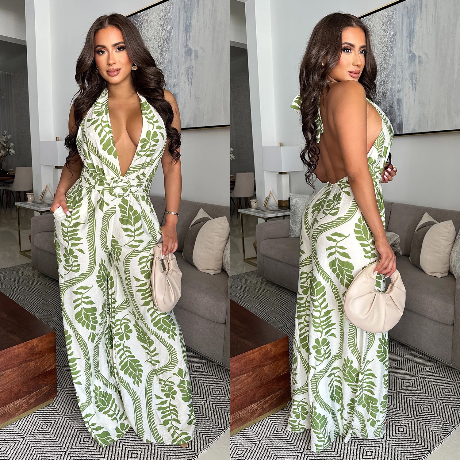 Women Casual Sexy V-Neck Backless Print Jumpsuit 4