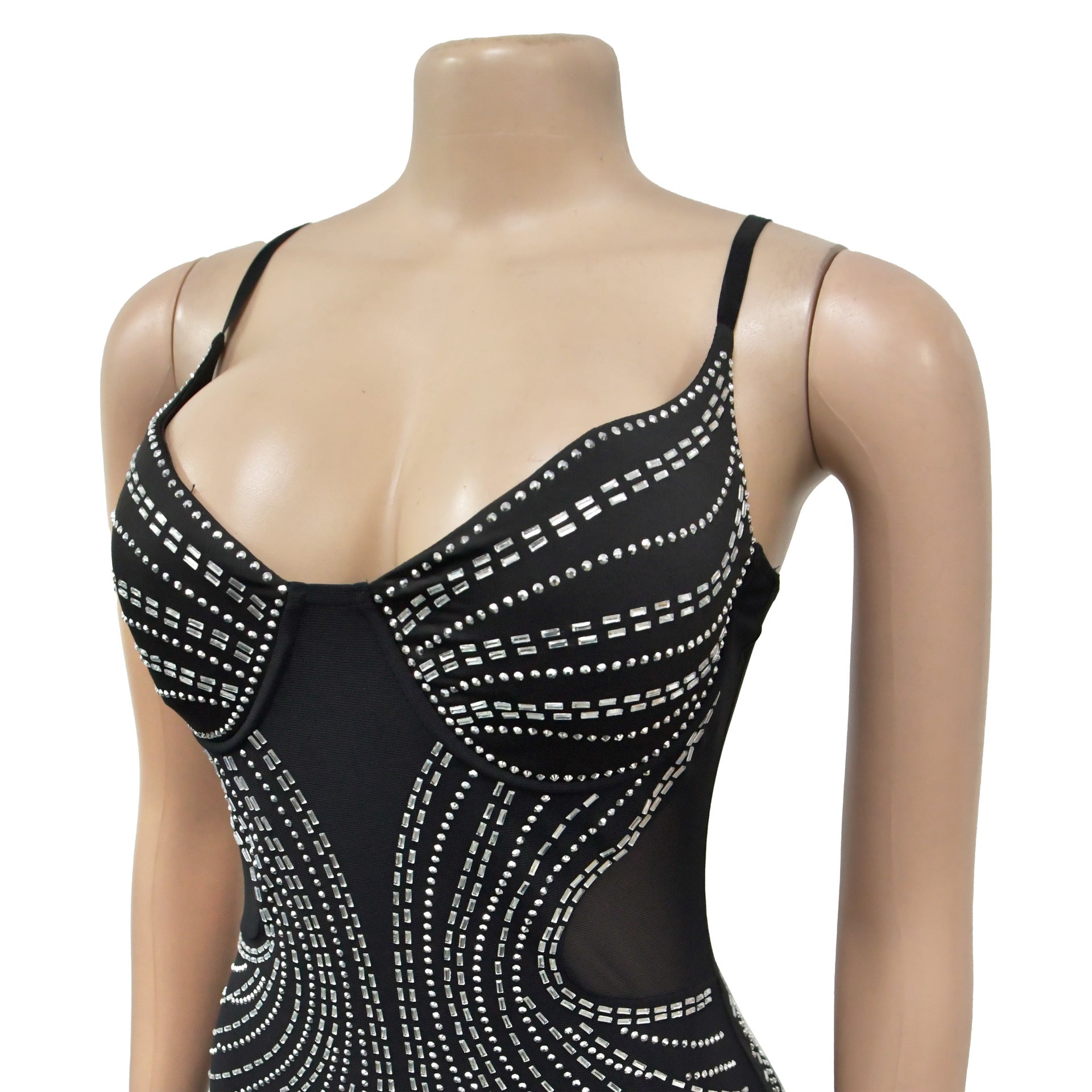 Fashion Women's Solid Color Mesh Beaded Strap Long Dress 12