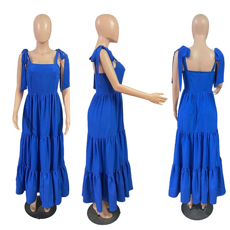 Women's Summer Fashion Sweet Bow Tie Strap Slim A-Line Long Dress 5