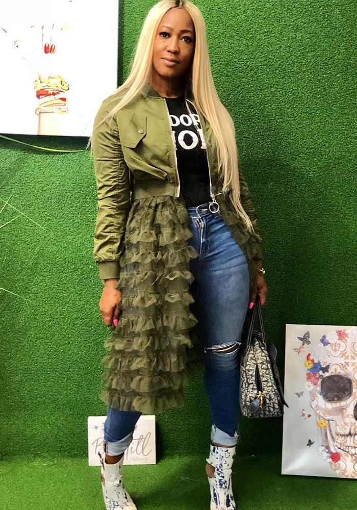 Fashionable Zipper Solid Color Mesh Lace Patchwork Jacket Coat