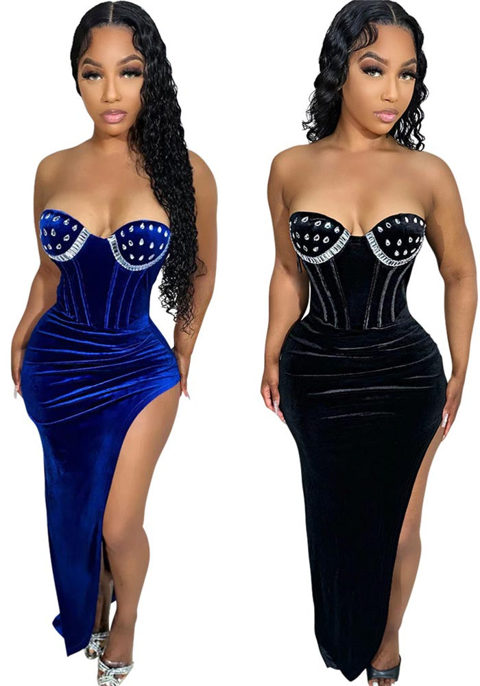 Fashion Sexy Strapless High Slit Solid Color Beaded Dress For Women